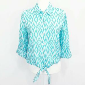 Chicos 0 Shirt Button Down Blue White Metallic